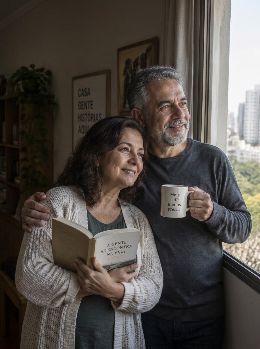 Casal de 60+ abraçado e sorrindo, olhando pela janela de um apartamento em São Paulo
